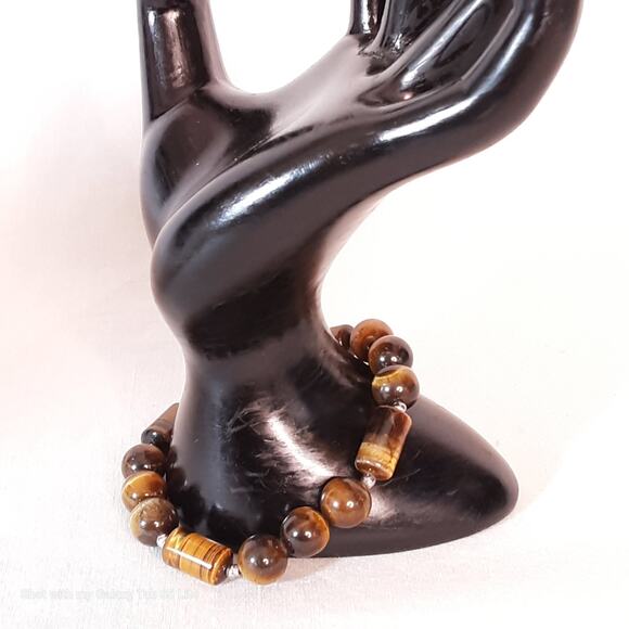 Tigers Eye Beaded Stretch Bracelet Brown Tan Geometric shapes - Picture 4 of 6